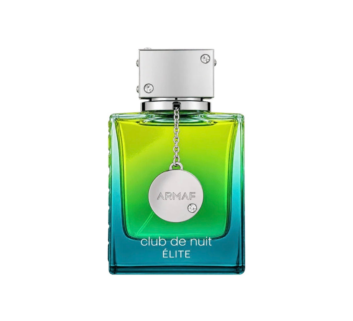 Armaf Club de Nuit Élite EDT bottle — green-to-teal gradient glass with silver cap and medallion charm
