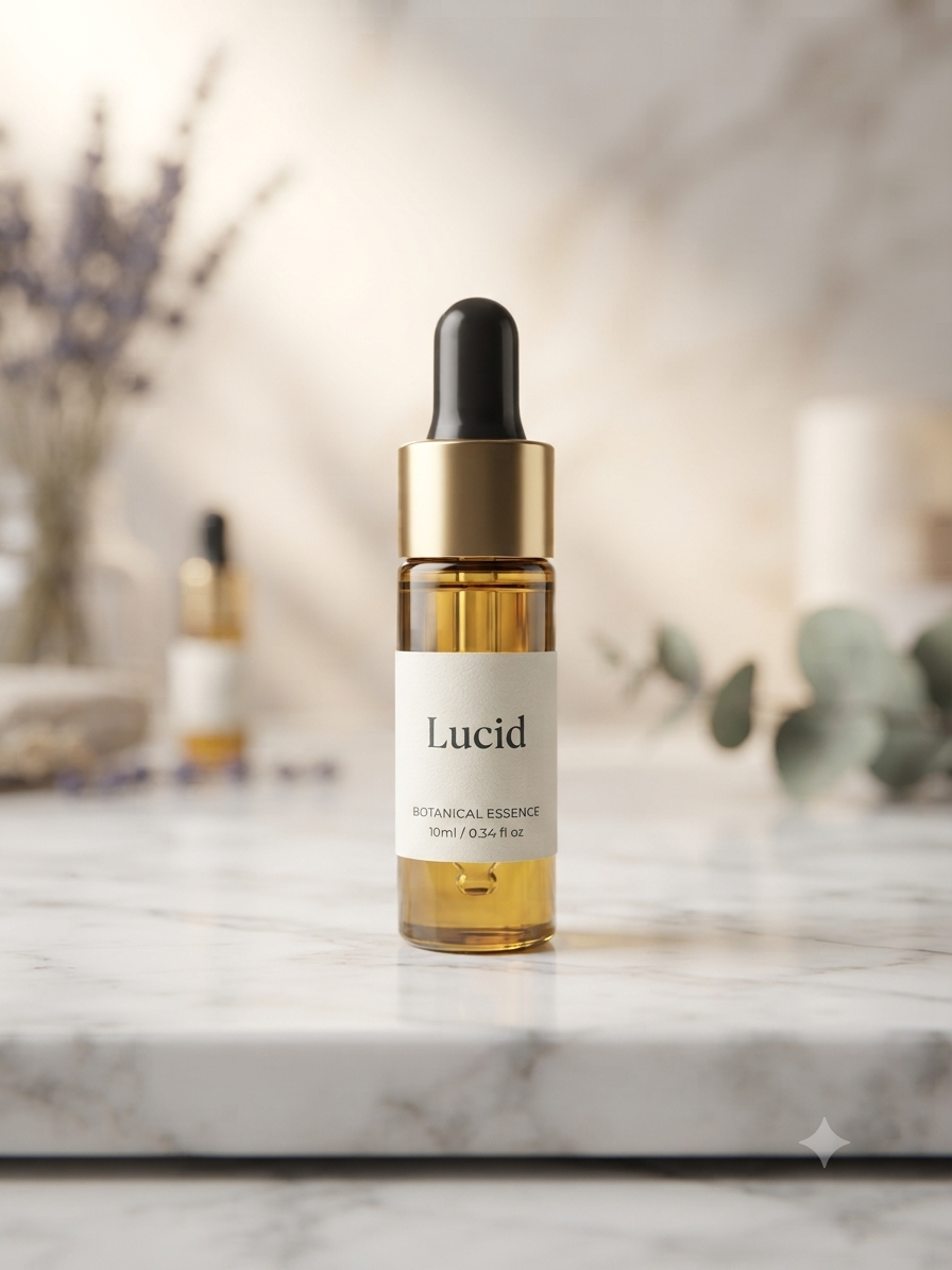 A bottle of Lucid Botanical Essence dropper oil stands on a white marble surface with a softly blurred indoor background featuring dried flowers and greenery.