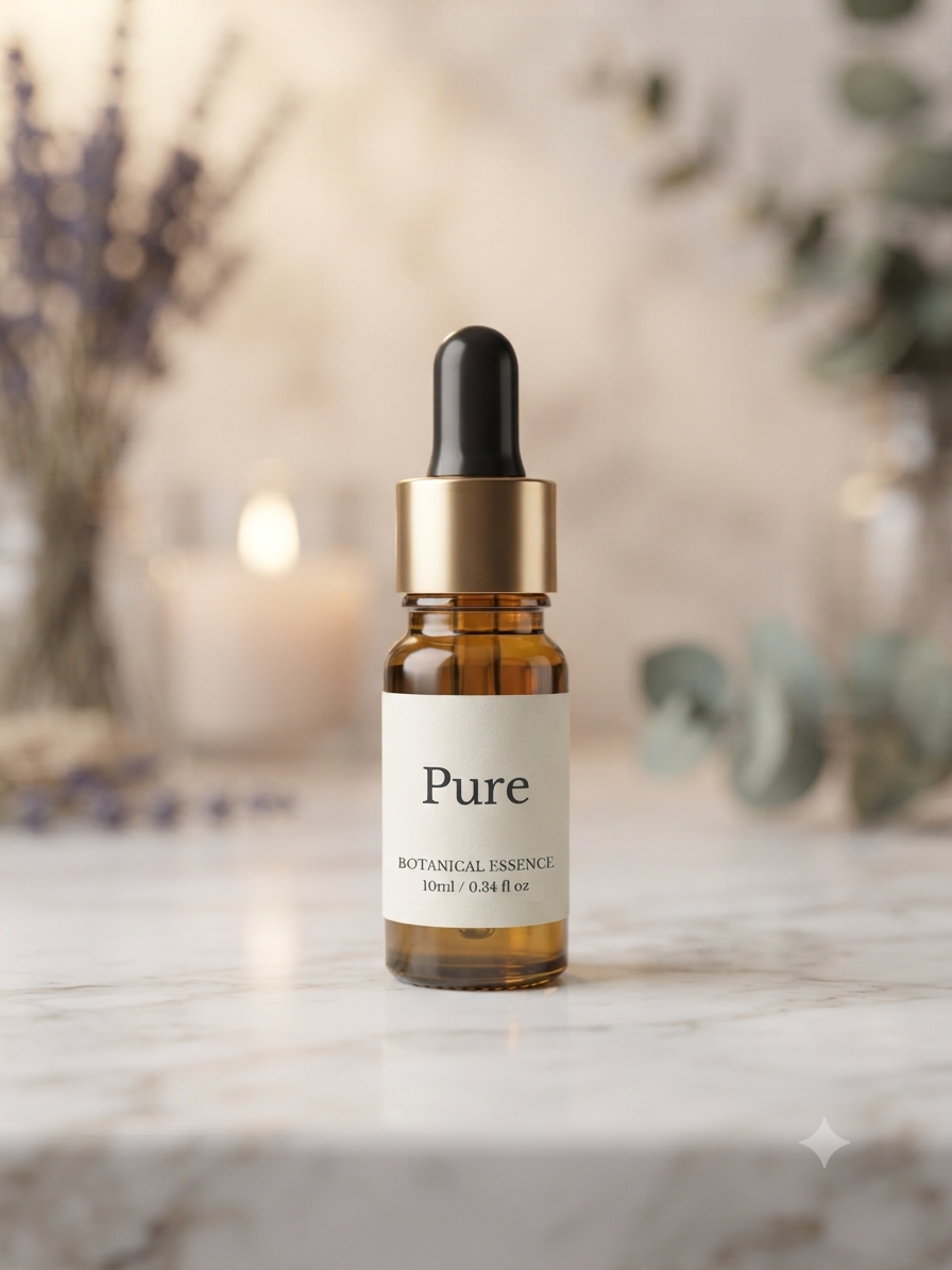 A small amber glass dropper bottle labeled 'Pure Botanical Essence' with a black dropper top and gold collar, standing on a light marble surface with a softly blurred warm background.