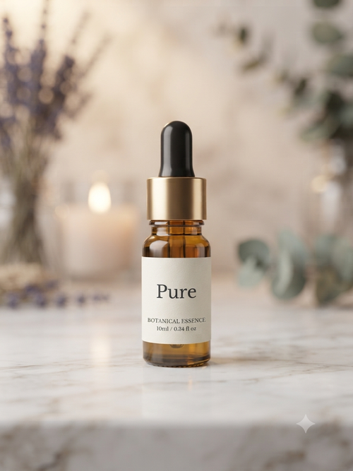 A small amber glass dropper bottle labeled 'Pure Botanical Essence' with a black dropper top and gold collar, standing on a light marble surface with a softly blurred warm background.