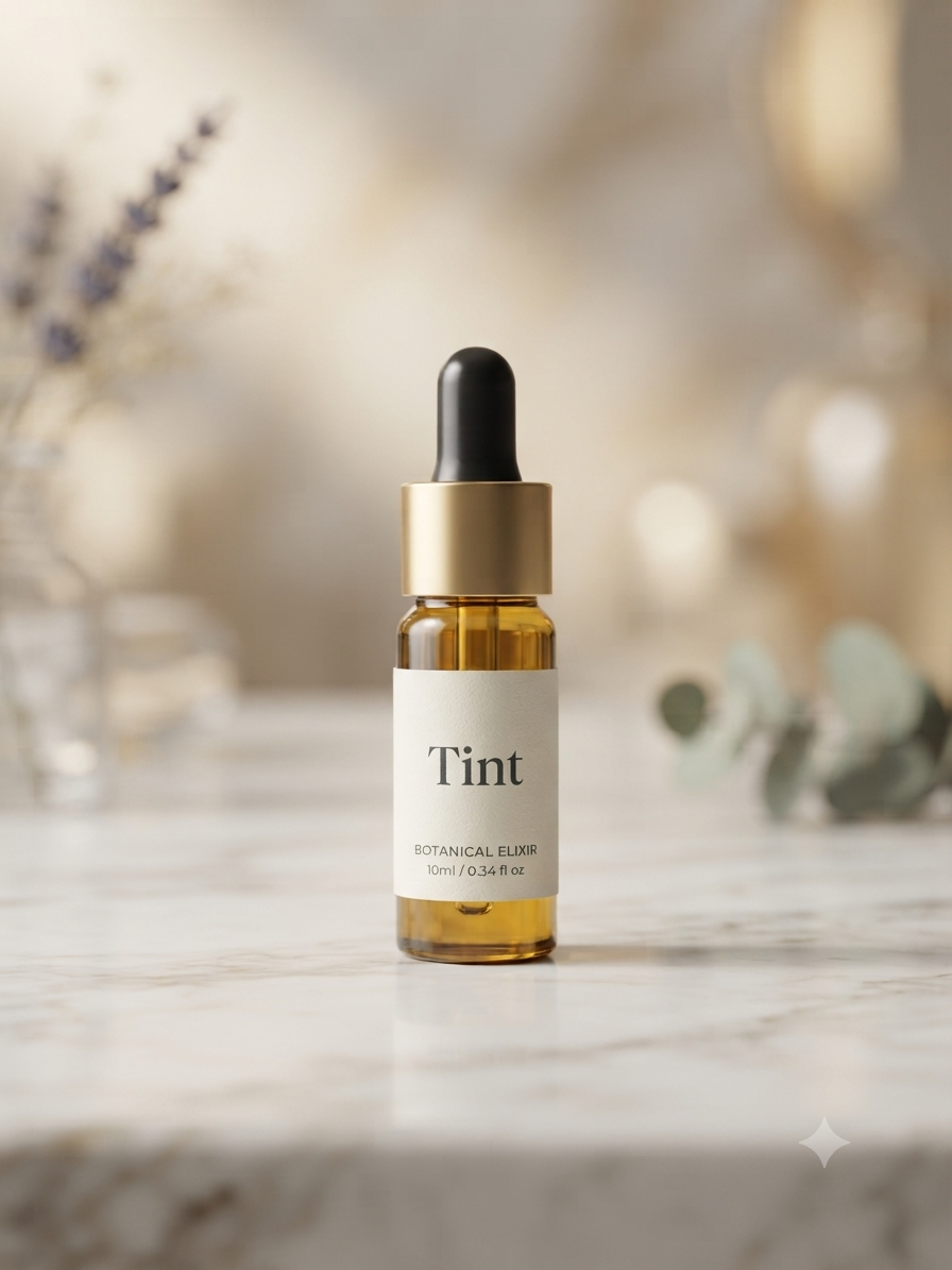 A small amber glass dropper bottle labeled 'Tint' with a white label and gold collar, standing on a light marble surface with a softly blurred warm-toned background.