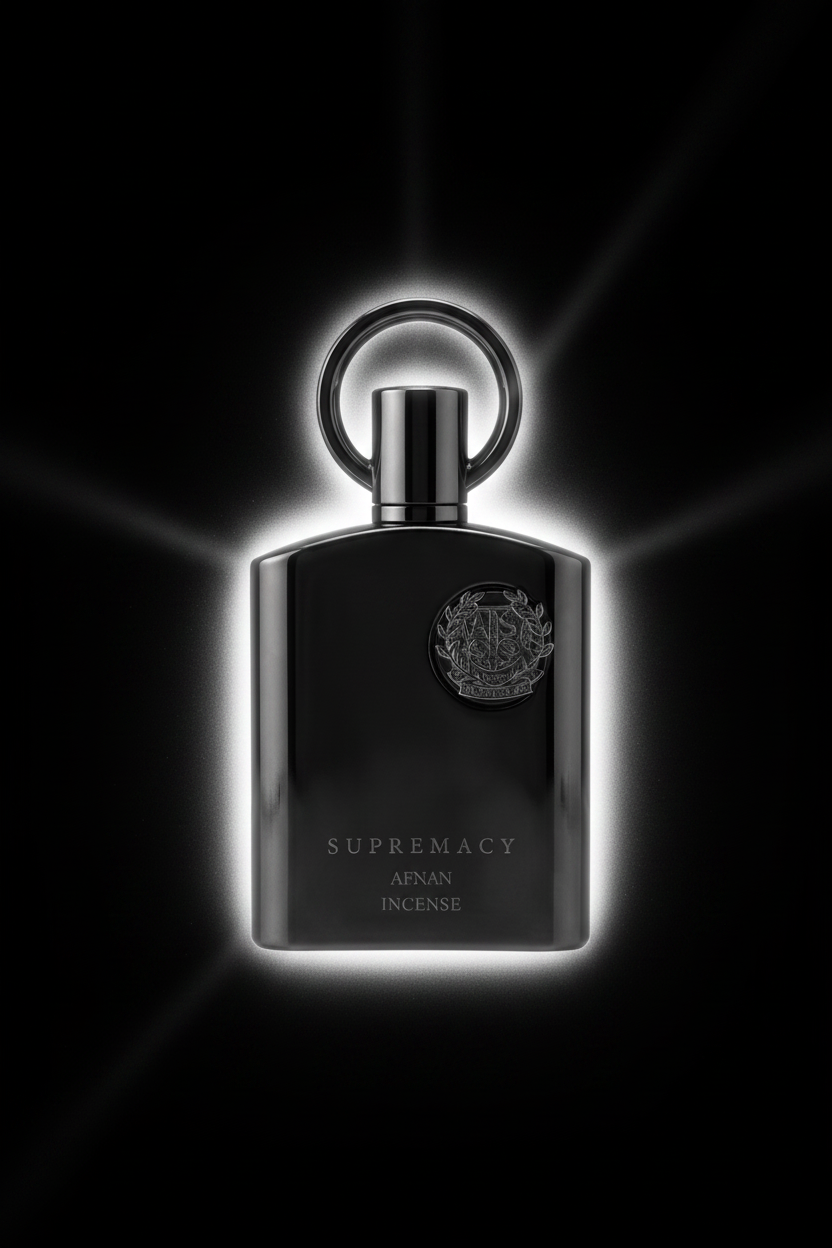 Afnan Supremacy Incense perfume bottle with dramatic silver glow