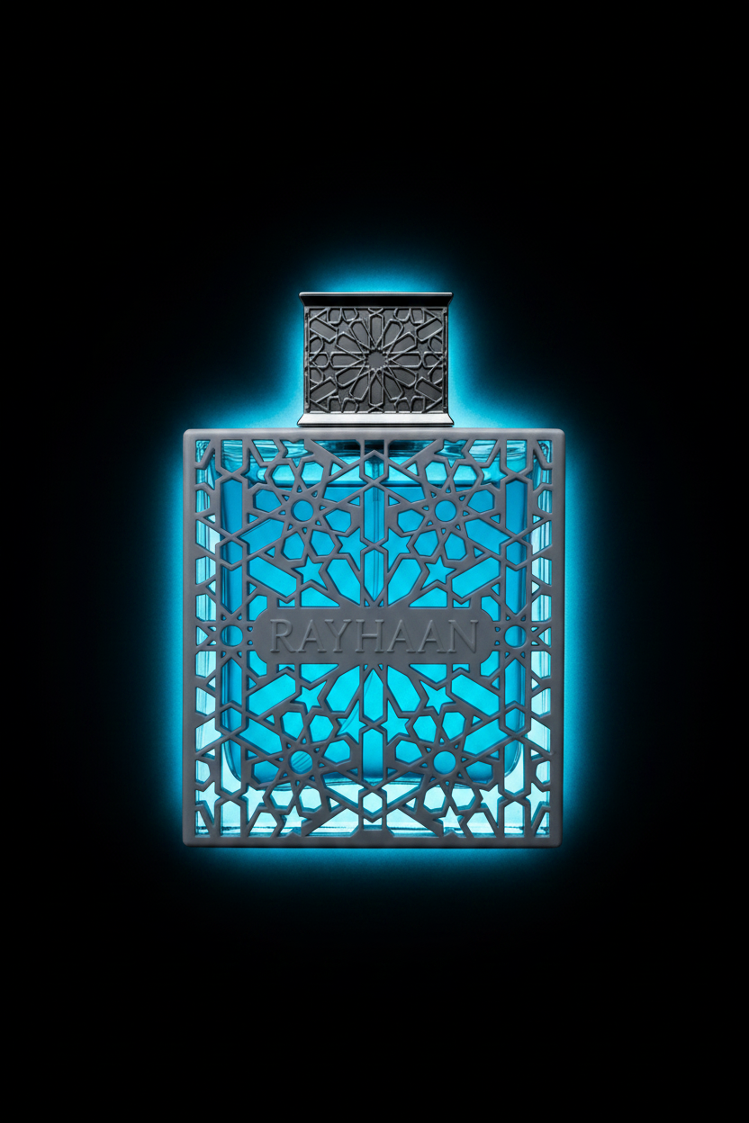 Rayhaan Azul geometric lattice perfume bottle with blue glow