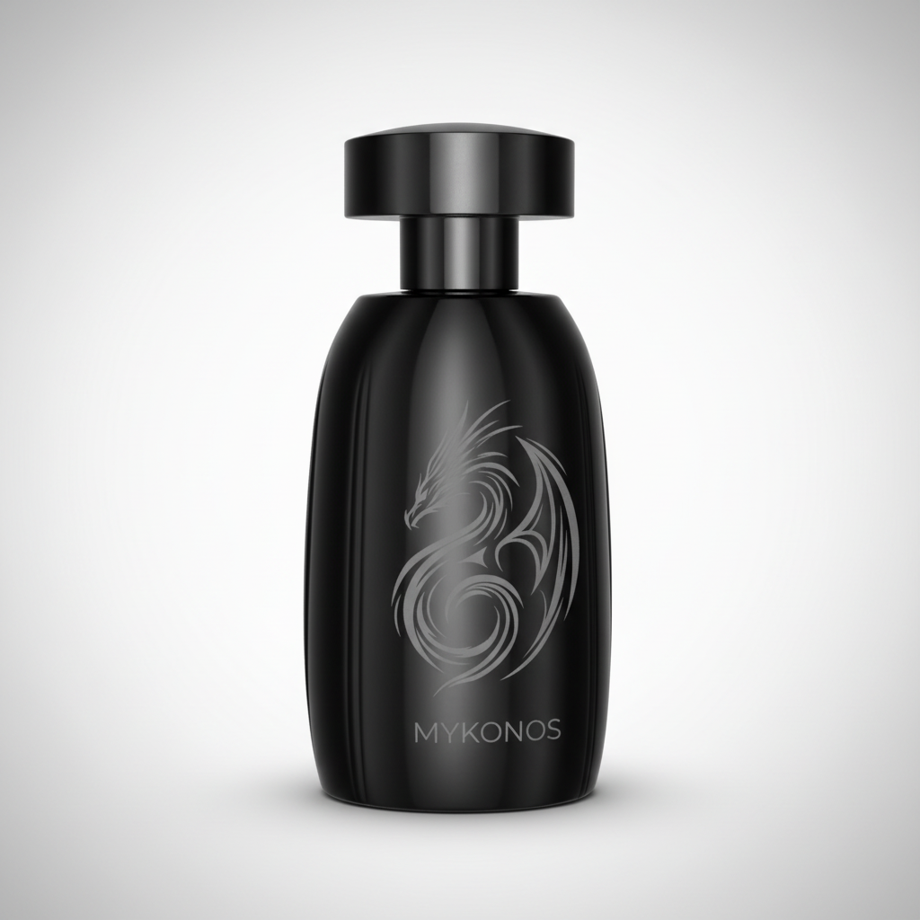 Mykonos Inferno — Matte black bottle with dragon emblem